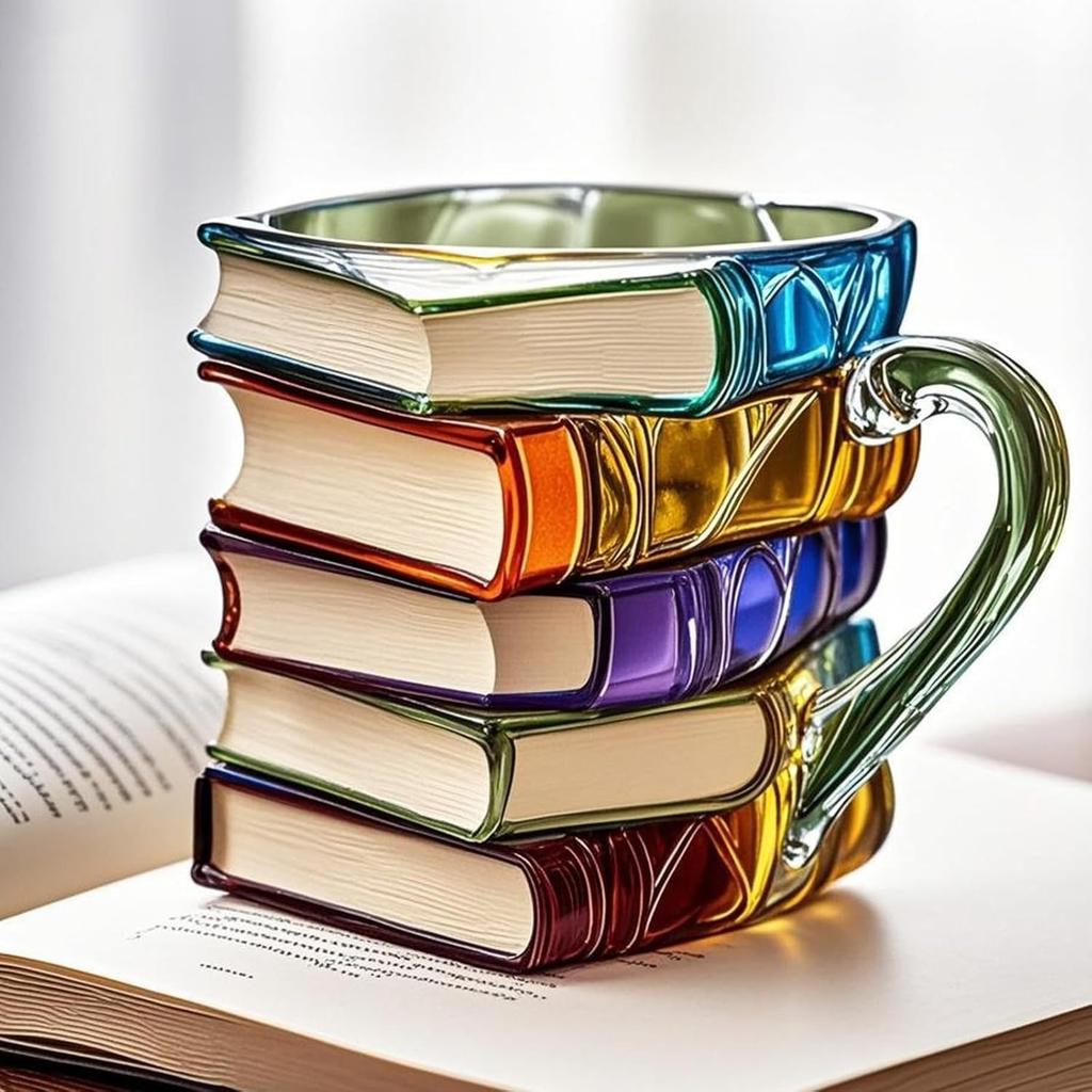 Painted Book Mug, Unique Colorful Resin Stacked Books Coffee Cup, Collectible Gift for Readers, Librarians, Literature Lovers