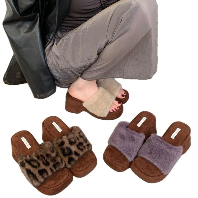 French Fashion Leopard Print Thick High-heeled Cotton Slippers Women's 2025 Autumn and Winter New Gentle Square Head One-word Fluffy Slippers