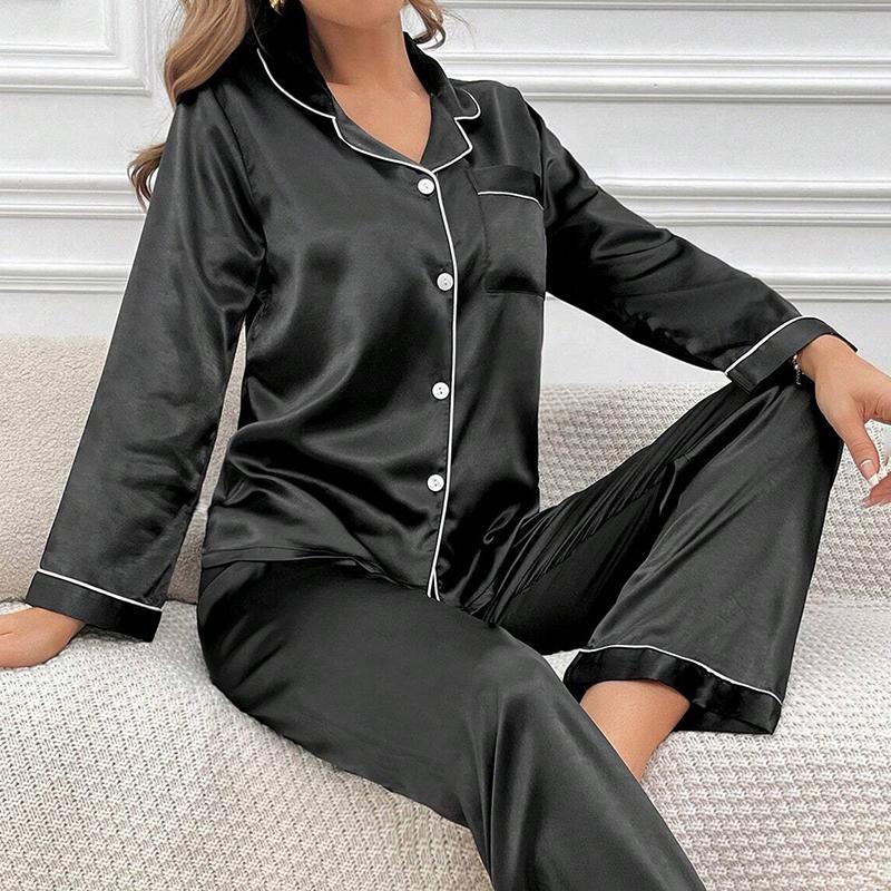 Women's Sleepwear Simple Satin Pajama Set Long Sleeve Buttons Lapel Top with Elastic Pants Loungewear Nightwear