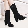 Fashion Black Pointed Toe Elegant Heeled Rhinestone Ladies Mid Calf Shoes Autumn Winter Fleece-Lined Comfortable Women's Half High Boots