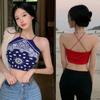 Women Backless Camis Summer Sleeveless Print Slim Fit Bottomed Vest Sling Short Tank Tops