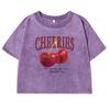 Red Cherries Letter Printed Female T-shirt Fashion Summer Washed Clothing Cotton Crop Top Retro Tee Shirts