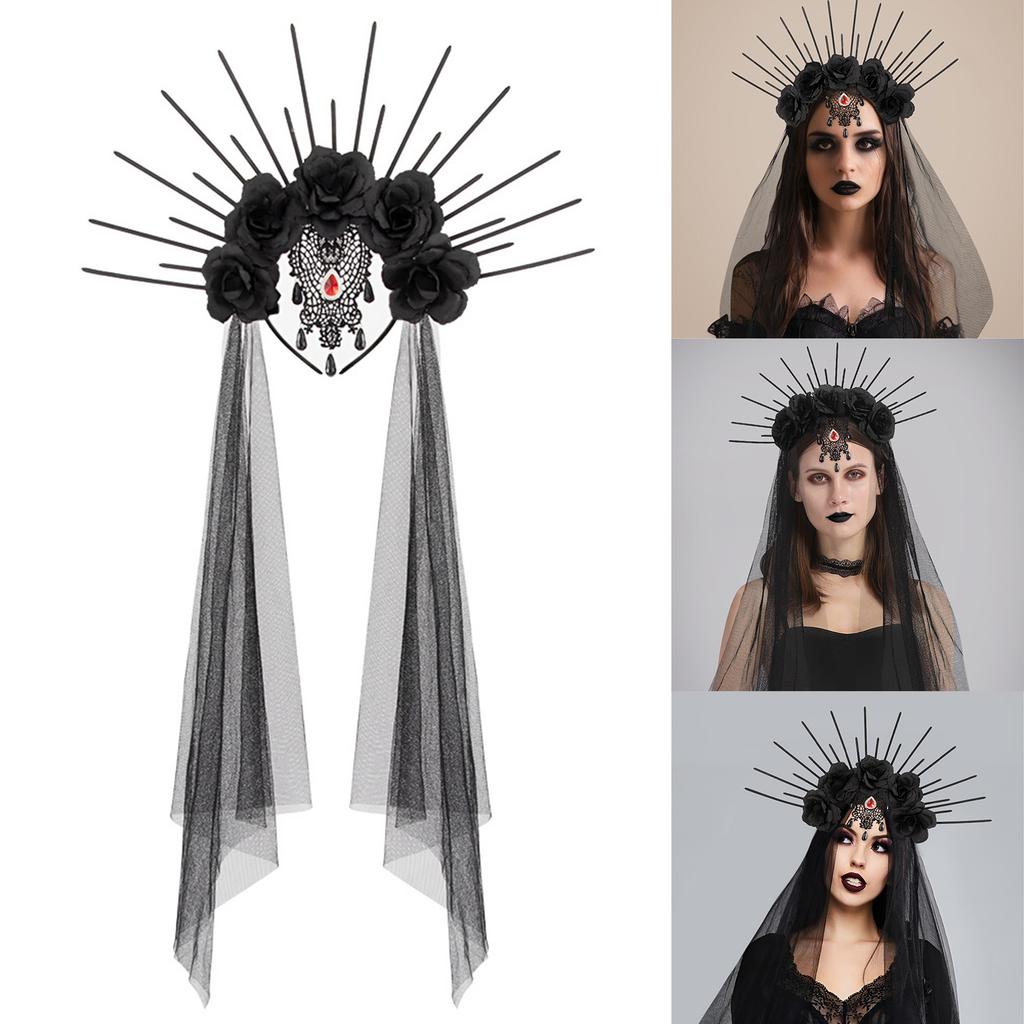 Gothic Queen Bride Costume Headband with Mesh and Rhinestone Lace Flower Crown for Halloween Cosplay Party Festivals