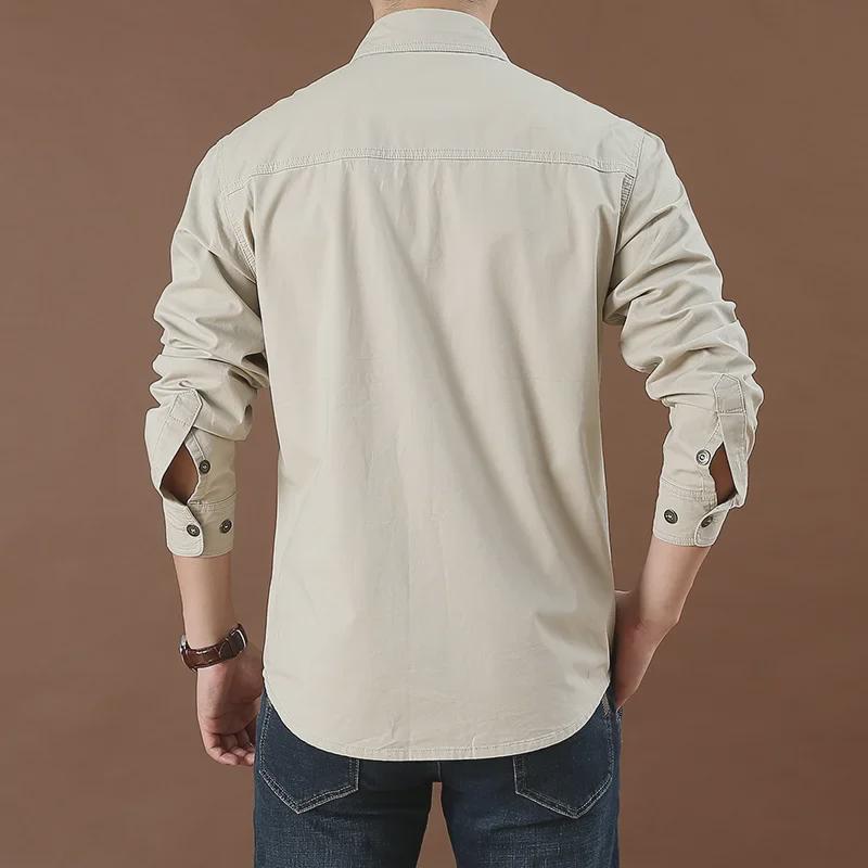 Men's Casual Loose-Fit Long-Sleeve Shirt - Solid Color, Large Size, Autumn Workwear with Pocket