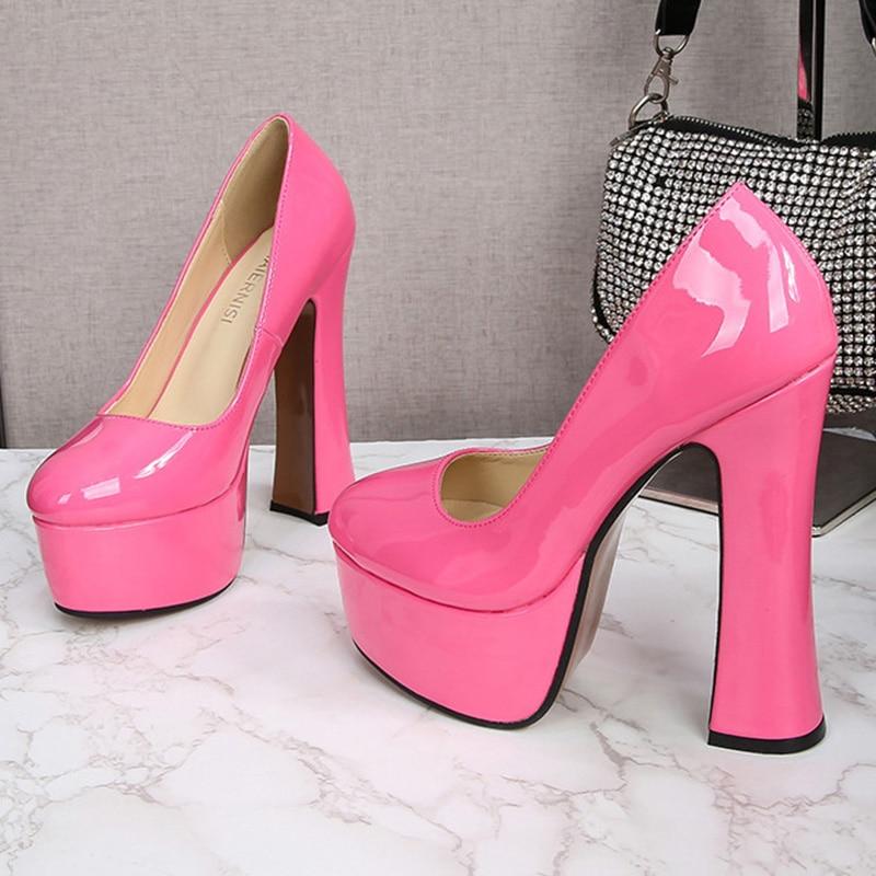 Women's Chunky High Heels Round Toe Pumps 14cm Heel 4cm Platform WZ