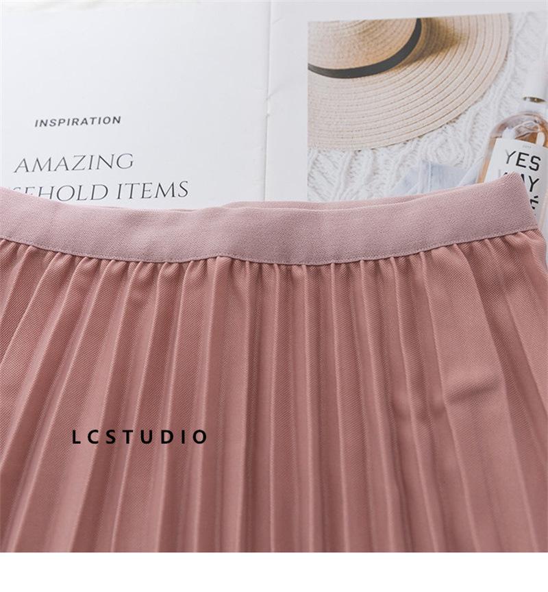 Qooth Elegant A Line Pleated Skirt Spring Summer Long Skirt Women Casual High Waisted Maxi Skirts JM0001