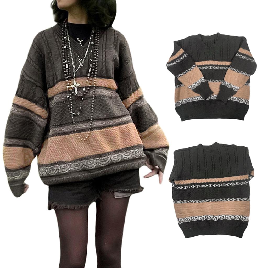 Women Fashion Wild Sweater Stripe Patchwork V-Neck Long Sleeve Oversized Knitted Tops Autumn Winter Casual Loose Pullovers