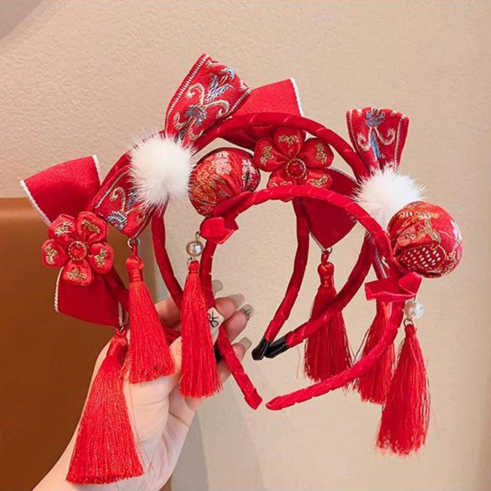 Tassel Hanfu Hair Bun Hair Hoop Plush Ball Red Hairband Simple Chinese New Year Headwear Children