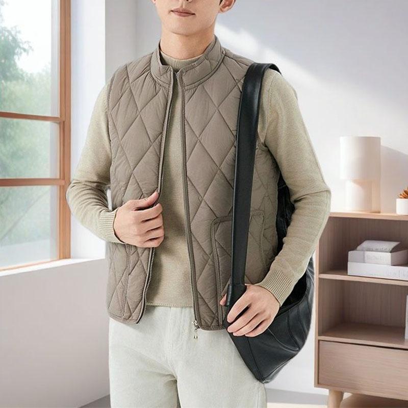 Autumn Winter New Men Thin Down Cotton Coat Vests Stand Collar Solid Zipper Pockets Fashion Casual Loose Sleeveless Cardigan Top