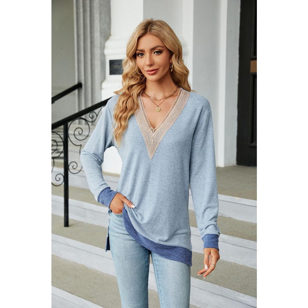 Women's Long Sleeve T-Shirt Fall/Winter Sweatshirt Women's Lace V-Neck Color-Blocked Split Hem Loose Top