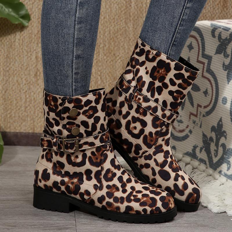 Fashion Women Suede Leopard Ankle Boots Winter Flats Shoes Woman 2025 Trend Fashion Designer New Retro Snow Motorcycle Boots Mujer Botas