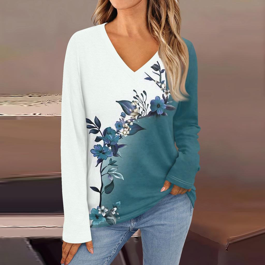 Women's Fashion Casual V Neck Long Sleeve Printed T-Shirt Ladies Top