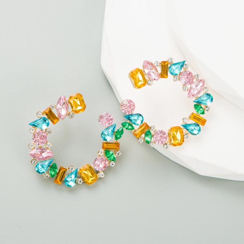 Women's Hoop Earrings Exaggerate Temperament Gold Plated Colored Crystal C Shaped Series Simple Premium Earrings