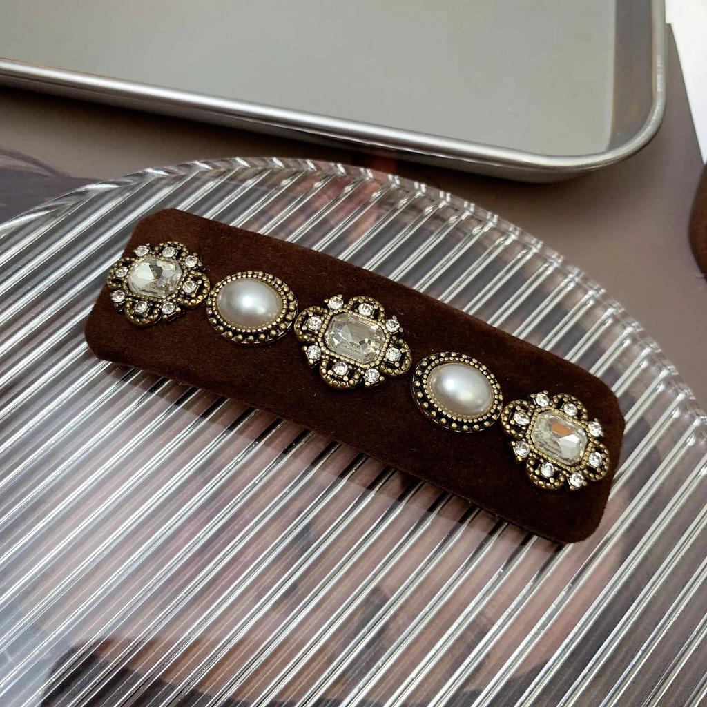 Korean Hair Accessories Heavy Industry Baroque Retro Rhinestone Edge Clip Velvet Bangs BB  Elegant Women's  Headwear