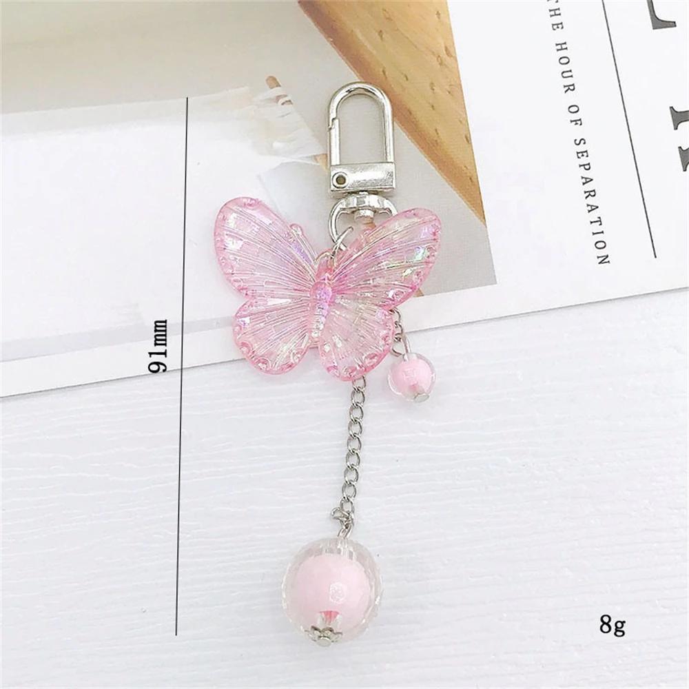 Cute Acrylic Butterfly Keychain Transparant Round Ball Tassel Keyring Women Bag Charm Earphone Case Car Key Pendant DIY Ornament