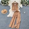 Summer Women Knitted Sweater Trouser Two Piece Set Short Sleeve V-neck Pullover Tops and Wide Leg Pant Tracksuit
