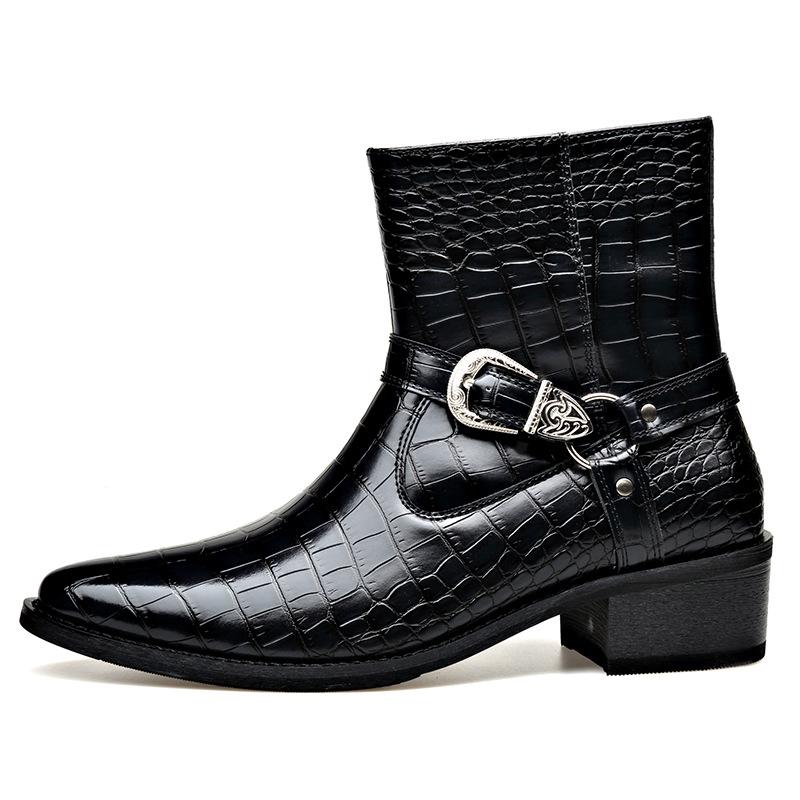 Fashion Big Size Buckle Designer Leather Chelsea Boots Men Fashion Casual Black Autumn Witner Dress Shoes Man Stone Pattern Ankle Boots