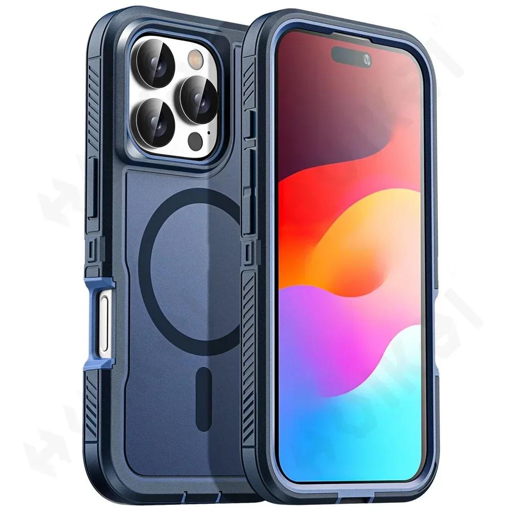 Rugged Armor Case for IPhone 16 15 14 13 12 11 Pro XR Max Plus Magsafe Wireless Charger Heavy Duty Shockproof Anti-Scratch Protective Kickstand Cover