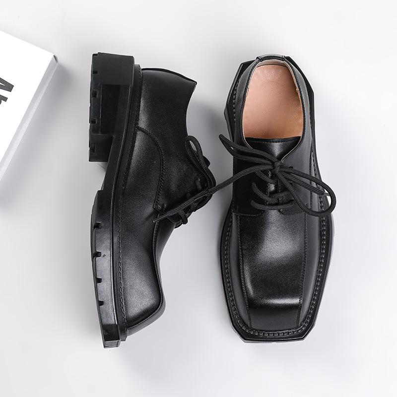 Fashion Mens Casual Leather Derby Shoes Men's Square Toe Trendy Personalized Designer Shoe Men Lace-up Thick Sole Heightened Shoes