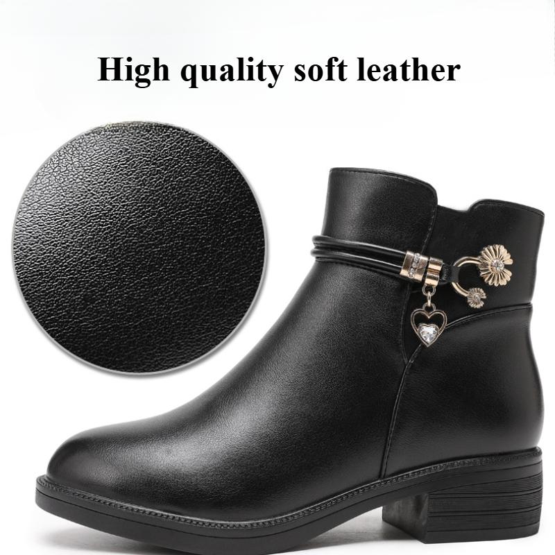 Soft Leather Women's Boots Winter Womens Snow Boots Rhinestone Ankle Boots Fashion Thick Heels Women Cotton Shoes Non-slip Botas