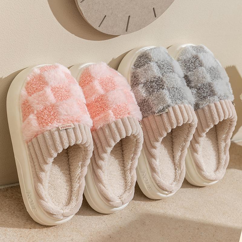 Couple Winter Toe Wrap Warm Plaid Cotton Slippers Thick Soft Sole Slides Men Women Indoor Floor Flat Home Non-slip Shoes