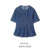Kaslead New Women Clothes Western Style Fashion Simple Round Neck Short Sleeve Waist Hugging Denim Top