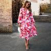 Women Autumn Winter Long Sleeve Print V-neck Casual A-Line Knee Length High Waist Dress