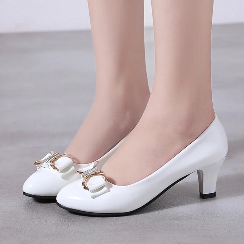 Women's Dress Shoes Patent Leather High Heel Shoes Medium Heel Office Women's Shoes Metal Bow Shoes