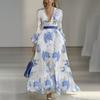 Women's Floral Print V-Neck Long Dress with Bell Sleeves and Waist Tie
