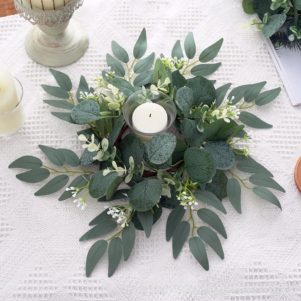 Wreath Faux Leaf Candle Base With Polyester Material For Party And Home Styling