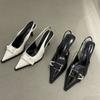Fashion New Summer Women Dress Shoes Pointed Toe Sandals Buckle Slingbacks Pumps Back Strap Mid Heels Patent Leather Shoe Zapatos Mujer