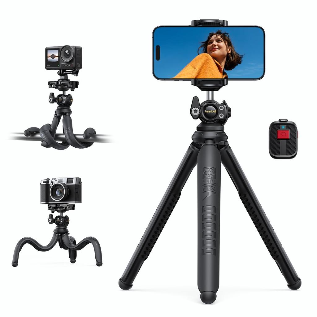 Lamicall Mini Tripod with Flexible Smartphone Tripod Stand and Remote Control Compatible with DSLR and Video Flexible Vertical and Horizontal Wireless