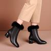 Short Boots Women's Pointed Thick Heel Cotton Boots Winter Velvet Versatile Low Tube Fur Leather Boots Rear Zipper