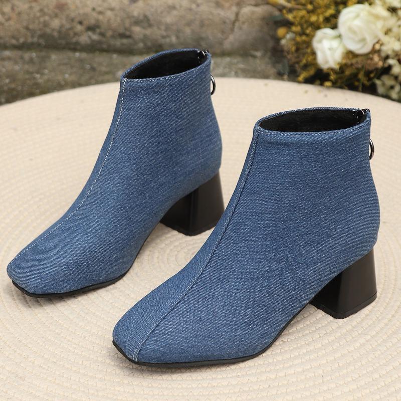 Fashion Shoes Female 2024 Fashion Zipper Women's Boots Winter Denim Square Toe Solid Short Barrel Chunky Heel Casual Nude Boots Zapatos
