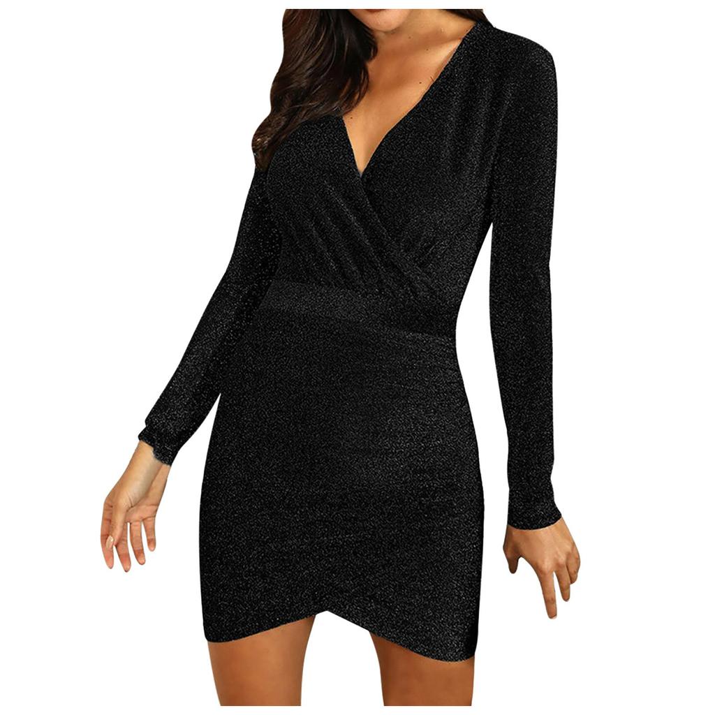 Women's Solid Color Long-sleeved Cross V-neck Sexy Bag Hip Slim Shiny Evening Dress Knee-length Dress