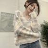 Colorful Striped Long Sleeved Sweater for Women Autumn Winter Loose Fitting Casual Short V-neck Knit Top Fashion Knitwear