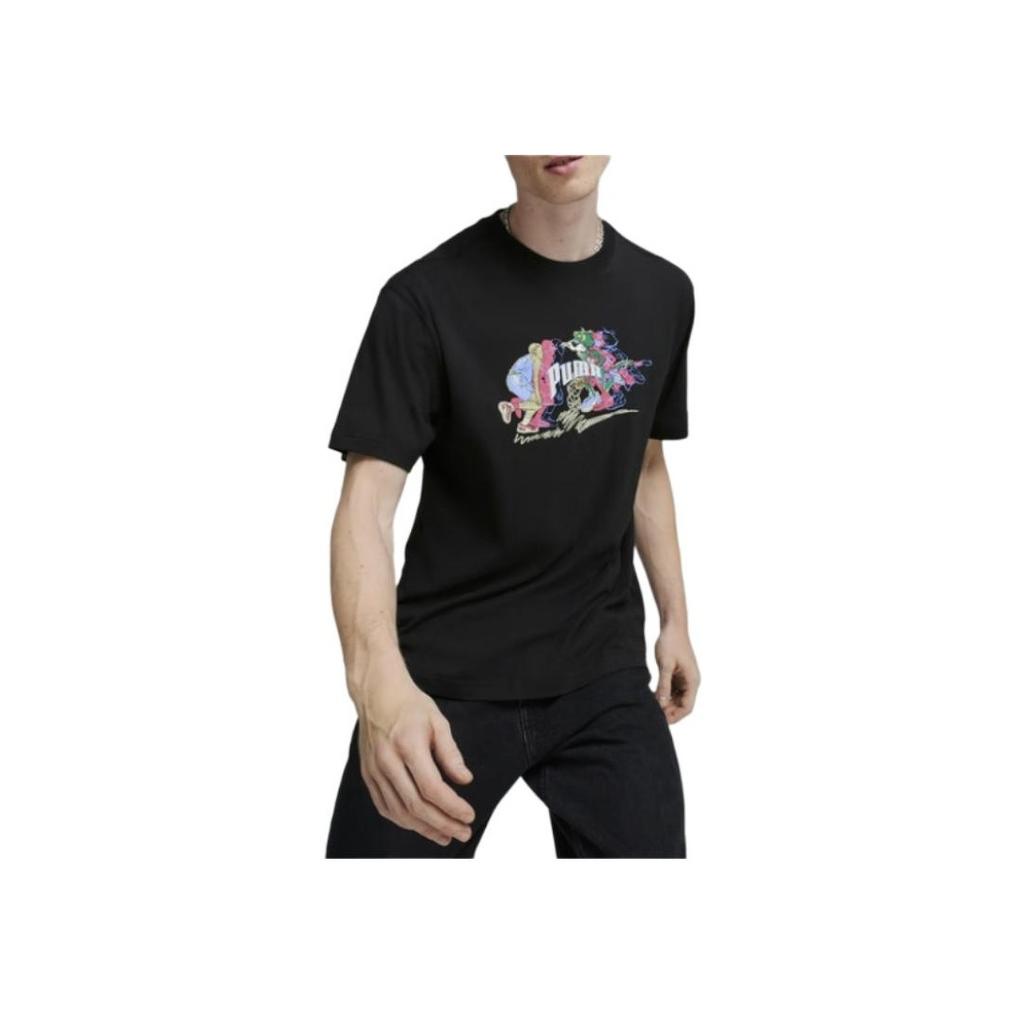 Puma Cartoon Anime Running Fitness Training Round Neck Short Sleeve Comfortable Breathable Casual T-Shirt Men Tops Black 629400-01