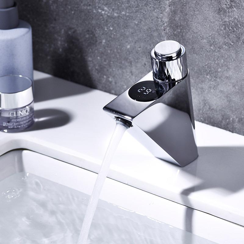 LCD Digital Display Bathroom Basin Faucet Thermostatic Creative Wash Tap Black/Chrome Brass Deck Mount Basin Tap Button Tap