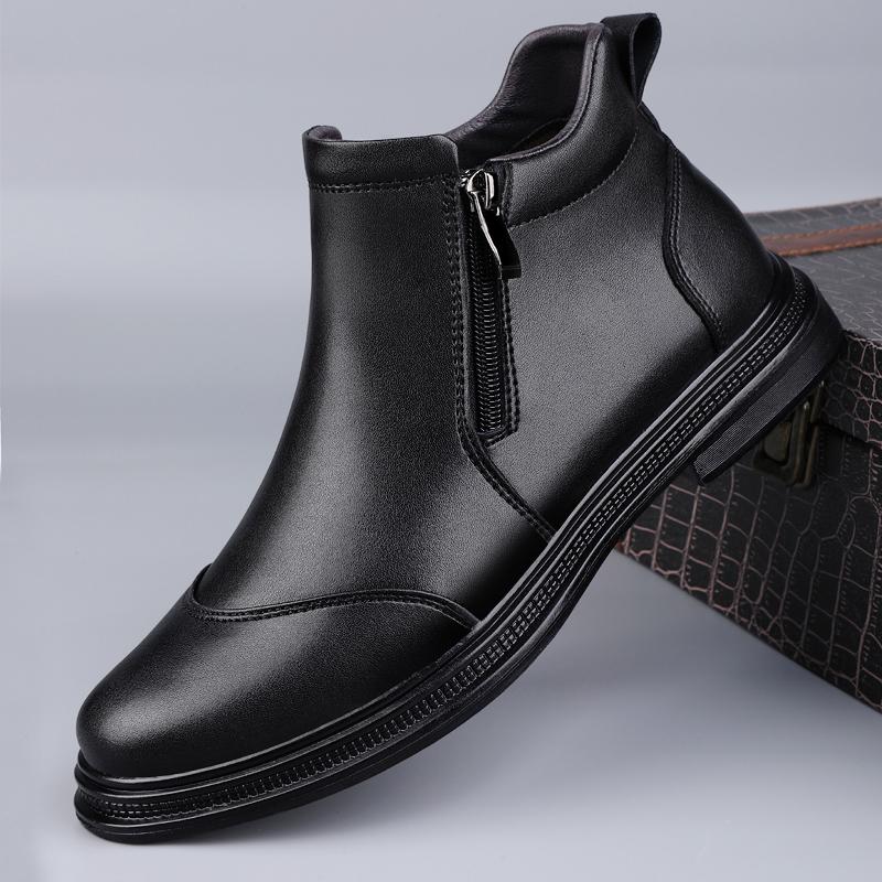 2024 New Fashion Trends Mens Chelsea Boots Genuine Leather Ankle Boots Slip-on Man Business Shoes Cowhide Fur Warm Winter Boots