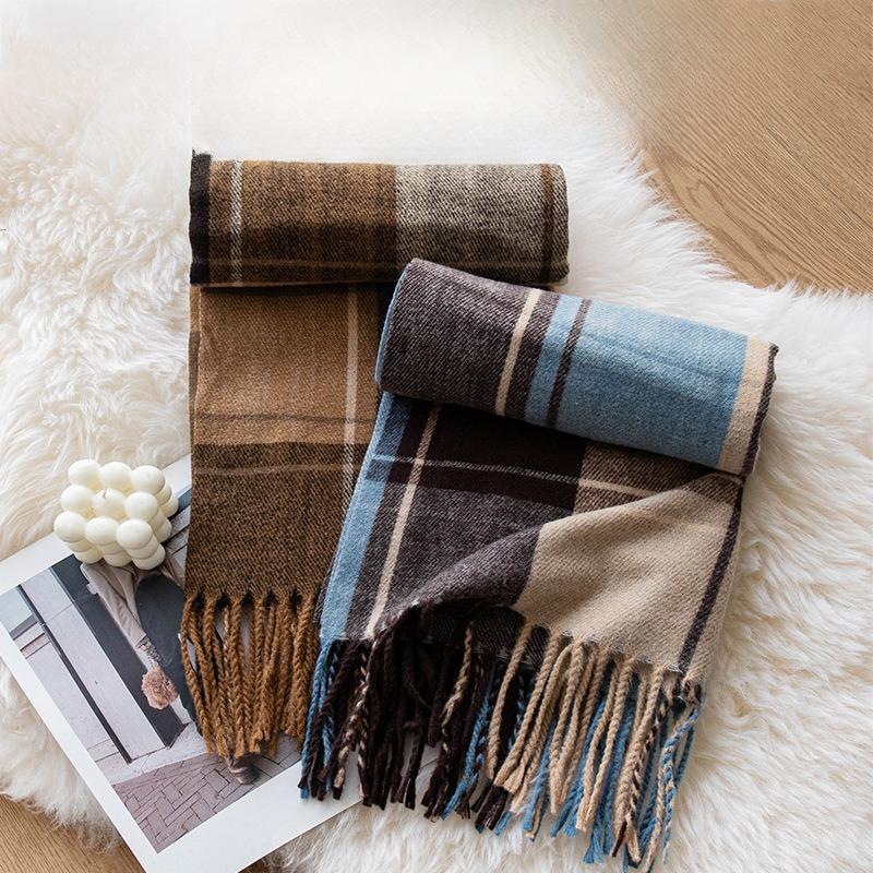 Autumn and Winter Imitation Cashmere Retro Literary Plaid Scarf for Men and Women with The Same Temperament Light Luxury Scarf and Shawl Dual Use