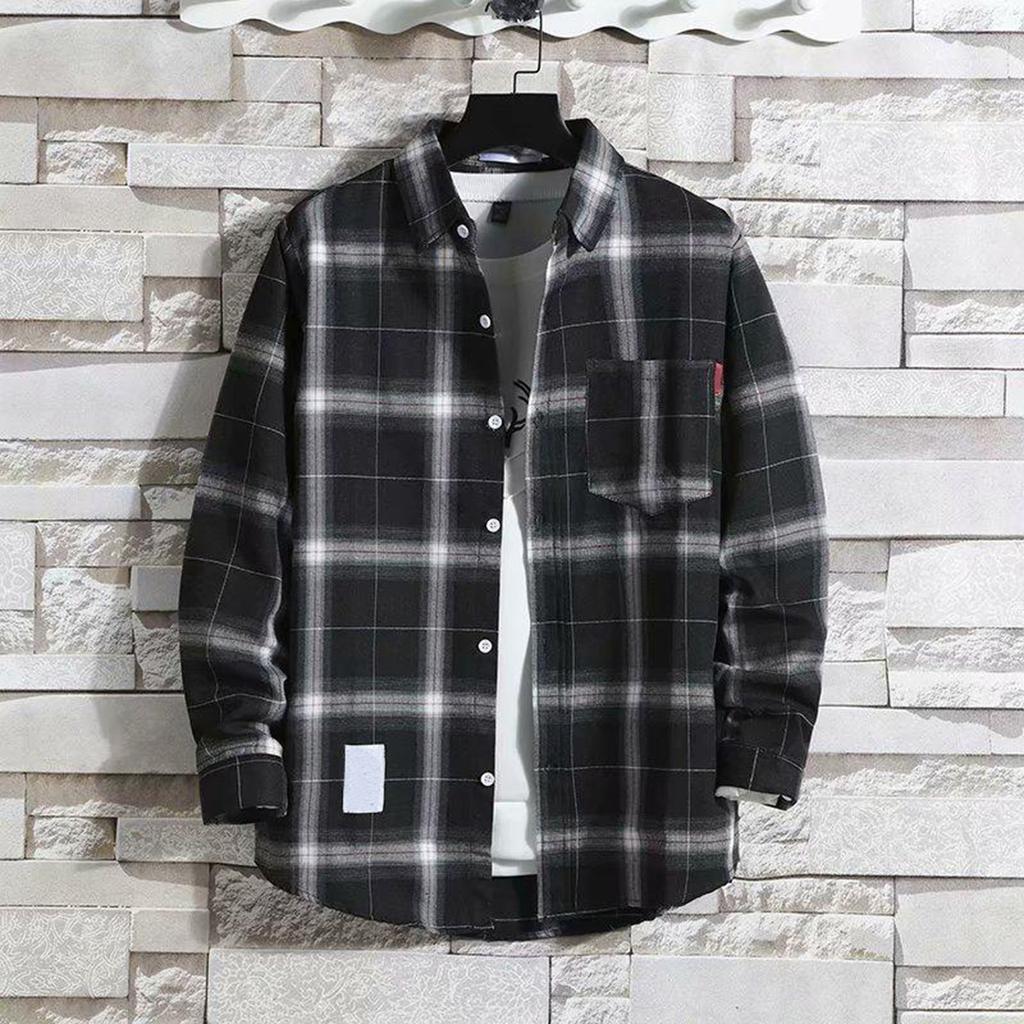 Men's Blouses Lapel Shirt Long Sleeve Plaid T-shirts Loose Shirt With A Coat Button Down Casual Shirts Plus Size Fashion Tops