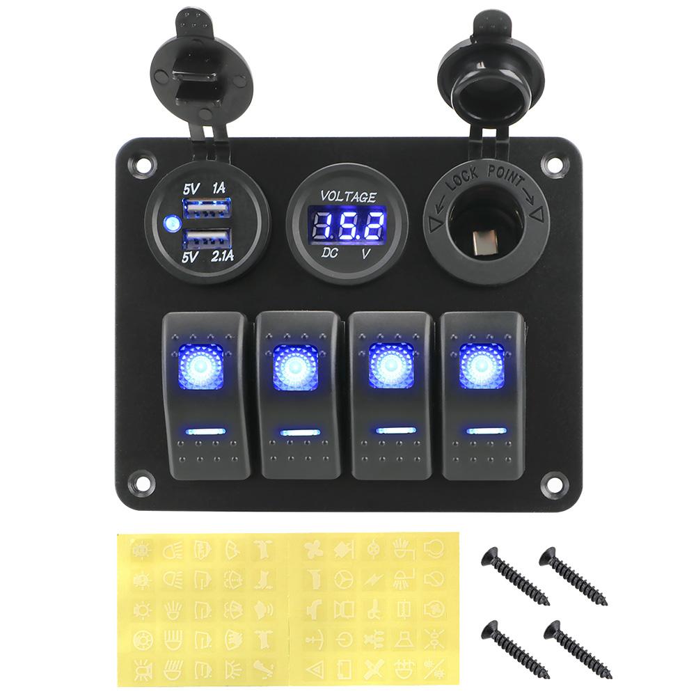 LED Rocker Switch Panel Interior Accessories Digital Voltmeter Aluminum Panel Dual USB Port 4 Gang Waterproof for Car RV Camper Caravans