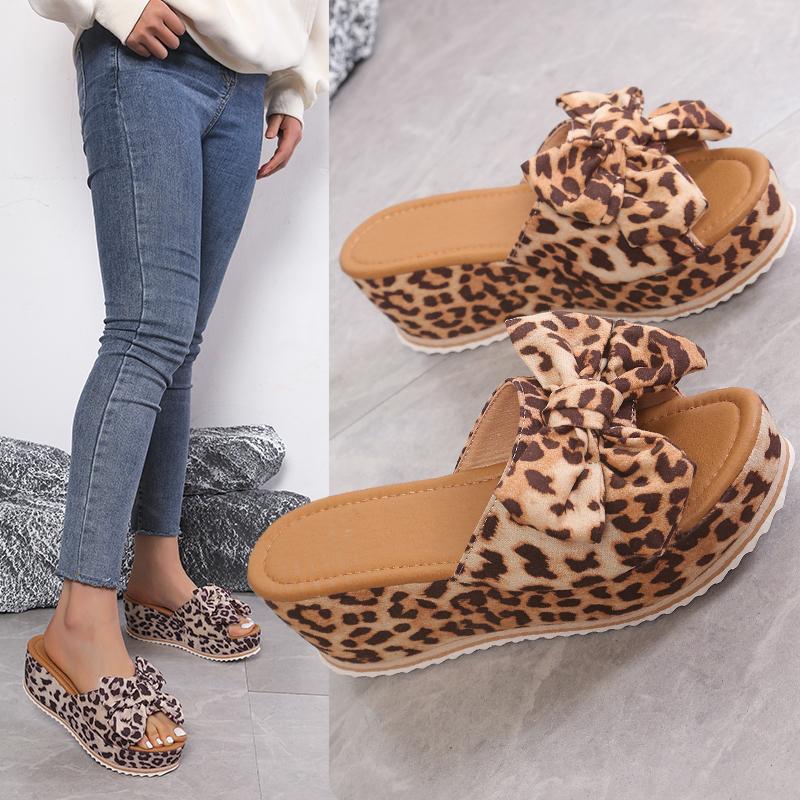 2024 Summer Women's Sandals Platform Retro Sandals Woman Fashion Bow Leopard Beach Slippers Women Plus Size