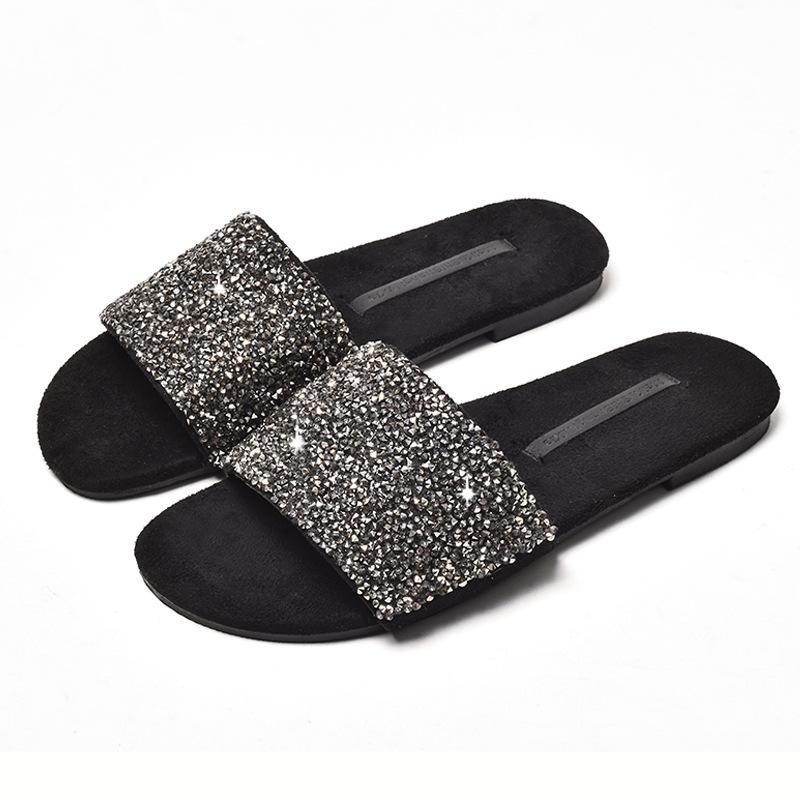 Flat-bottomed Rhinestone Slippers Outer Wear Summer 2025 New Fashion Versatile Special Large Size 41-45 Internet Celebrity Sandals Ins Tide