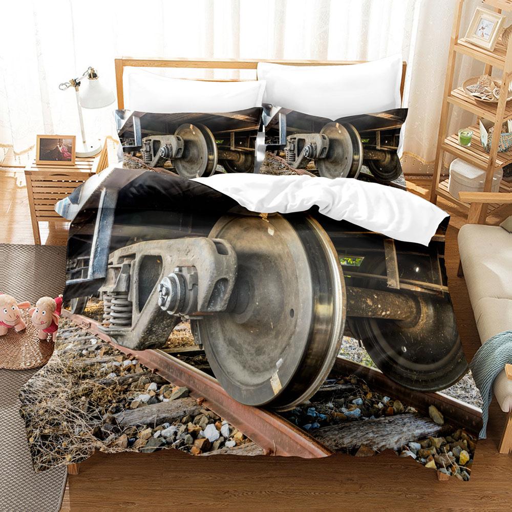 Steam Engine Duvet Cover Set Locomotive Green Black Train On Steel Railway Track Travel Adventure Graphic Print King Queen Size