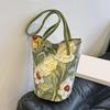 New Fashion Floral Pattern Bucket Bag Canvas Casual Shoulder Bag Large Capacity Creative Handbag for Women