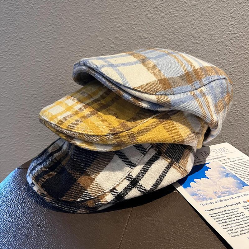 Color Grid Clashing Classic Wool Felt Newsboy Hat Color Blocking Fall Use Winter