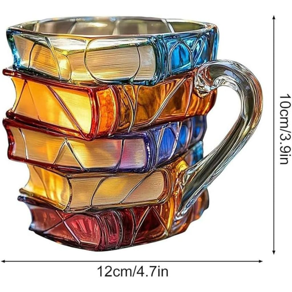 Painted Book Mug, Unique Colorful Resin Stacked Books Coffee Cup, Collectible Gift for Readers, Librarians, Literature Lovers