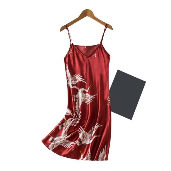 2 Pcs/Set Women Ice Silk Pajama Set Satin Printed V Neck Spaghetti Strap Loose Nightdress Half Sleeve Lace-up Waist Nightgown Lady Sleepwear