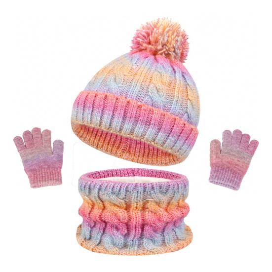 3Pcs/Set Kids Hat Scarf Gloves Set Rainbow Color Twist Texture Hat Thickened Plush Lining Neck Gaiter Knitted Gloves Set